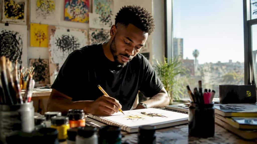 Un graphiste en plein travail au bureau, concentré sur la création d’un nouveau logo.