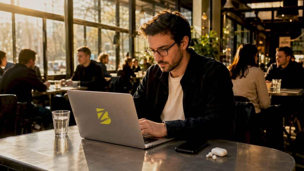 Un homme concentré devant son ordinateur, en train de paramétrer les outils pour la gestion de son site web.