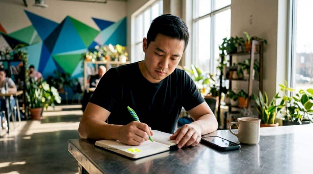Un spécialiste du marketing installé en terrasse, carnet à la main, en train de prendre des notes tout en sirotant son café.