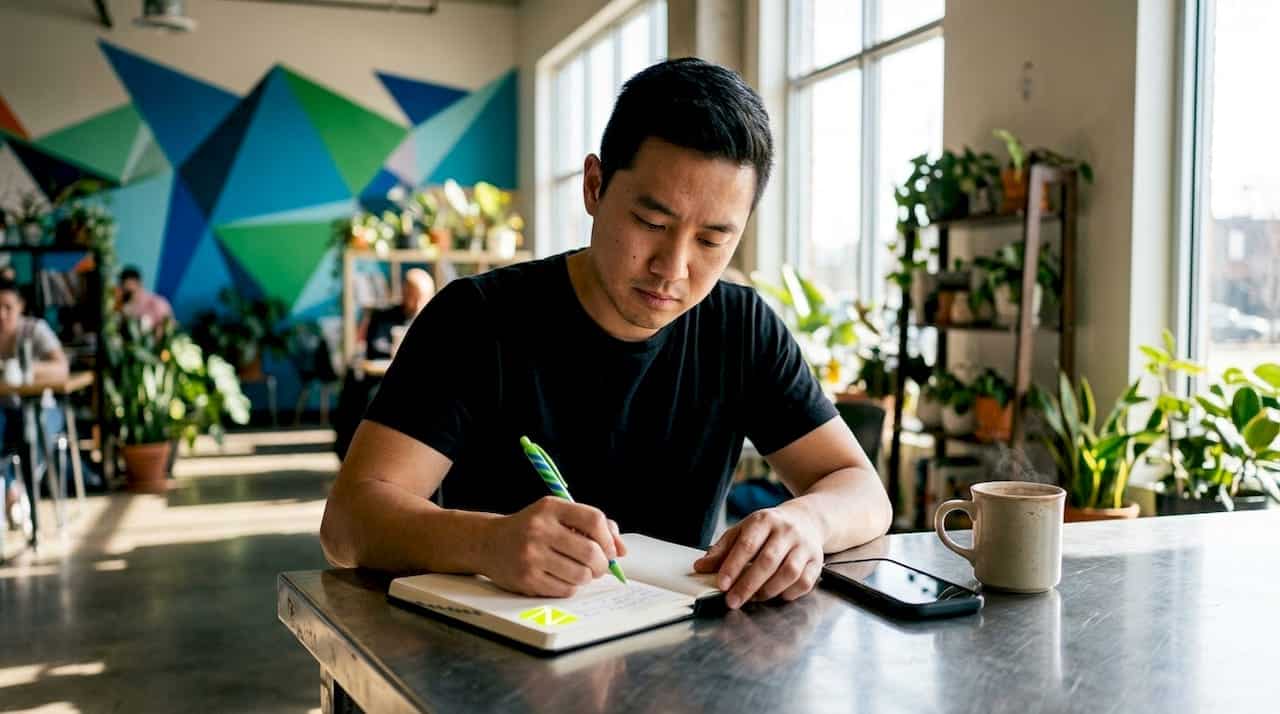 Un spécialiste du marketing installé en terrasse, carnet à la main, en train de prendre des notes tout en sirotant son café.