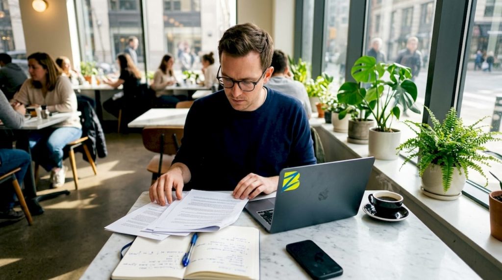 Un homme étudie des dossiers de stratégie netlinking à son bureau.