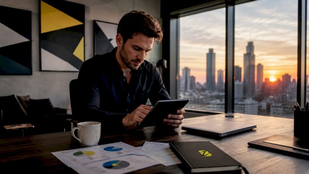 Un dirigeant d’entreprise s’appuie sur sa tablette pour gérer et améliorer la visibilité de son établissement sur Google.