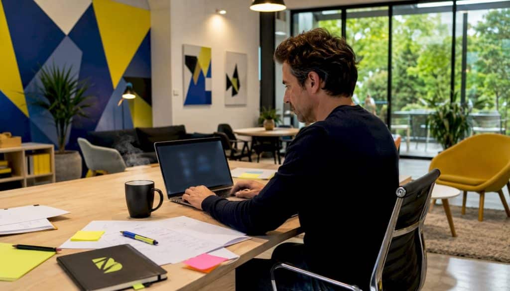 Un chef d’entreprise gère ses clients grâce à un logiciel CRM dans son bureau de PME.