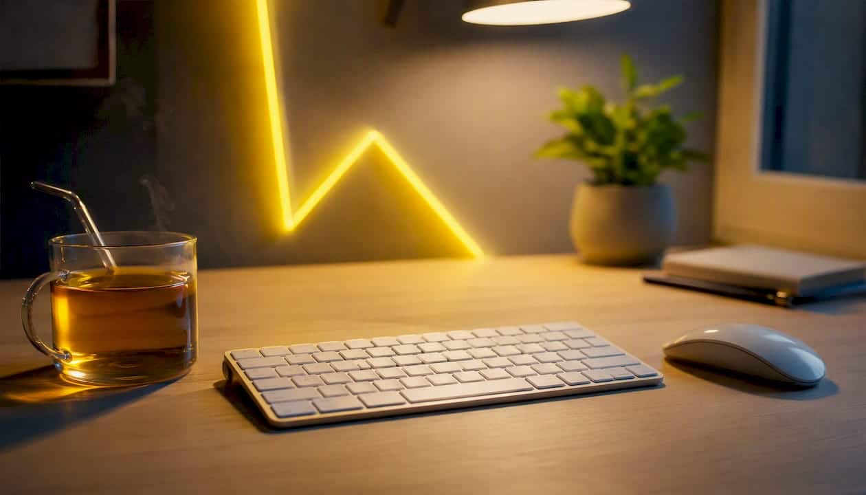 Zoom sur un espace de travail moderne, agrémenté d’un clavier et de touches lumineuses au style néon.