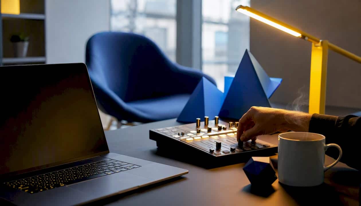 Une main règle les paramètres d’une table de mixage numérique posée sur un bureau, éclairé par une lampe néon.