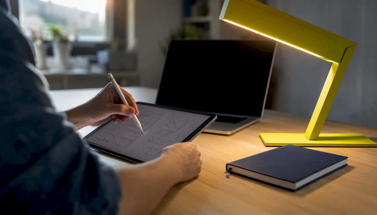 Des mains dessinent des maquettes de sites web sur un bureau, donnant vie aux premières idées de conception.
