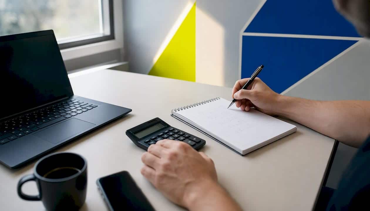 Des mains en train de calculer le coût d’acquisition client sur un bureau