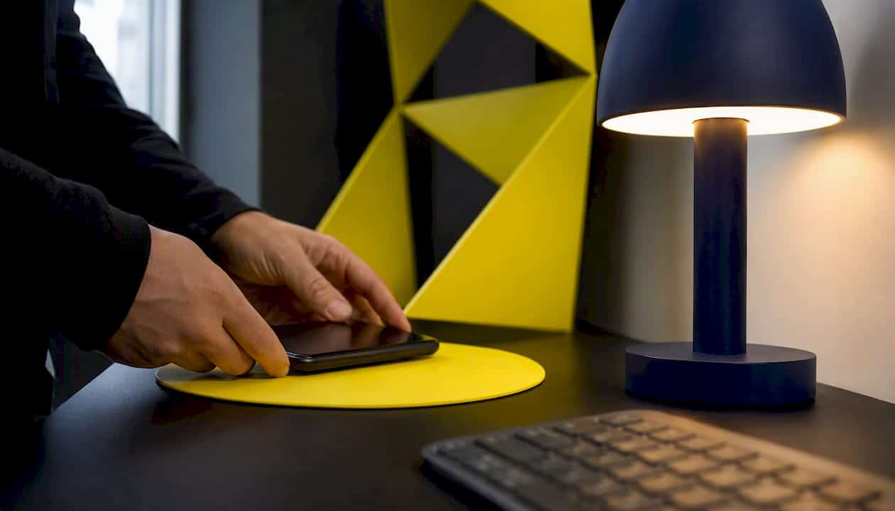 Des mains posent un smartphone sur un bureau soigneusement aménagé aux couleurs de la marque.