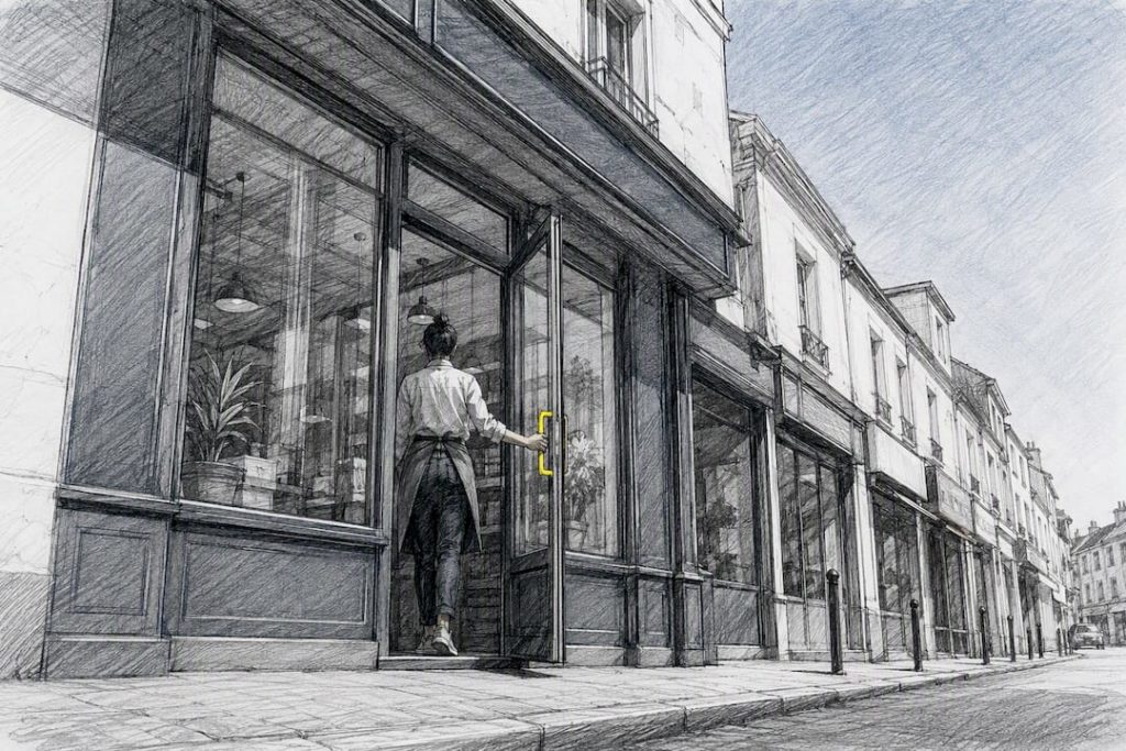 Façade d'une petite entreprise dans une rue du quartier
