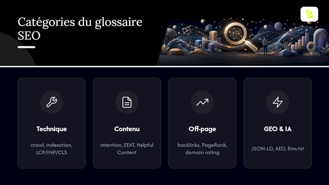 Quatre catégories liées du glossaire SEO