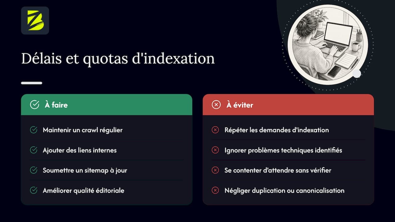 Délais réalistes et quotas : combien de temps attendre avant l'indexation — overview diagram