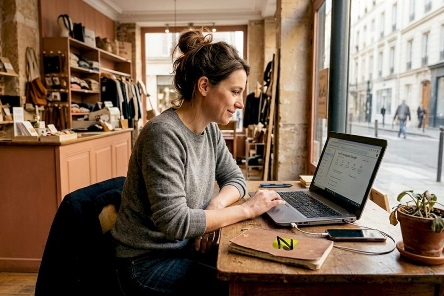 La responsable d’une PME passe en boutique pour s’assurer que le référencement local est à jour.