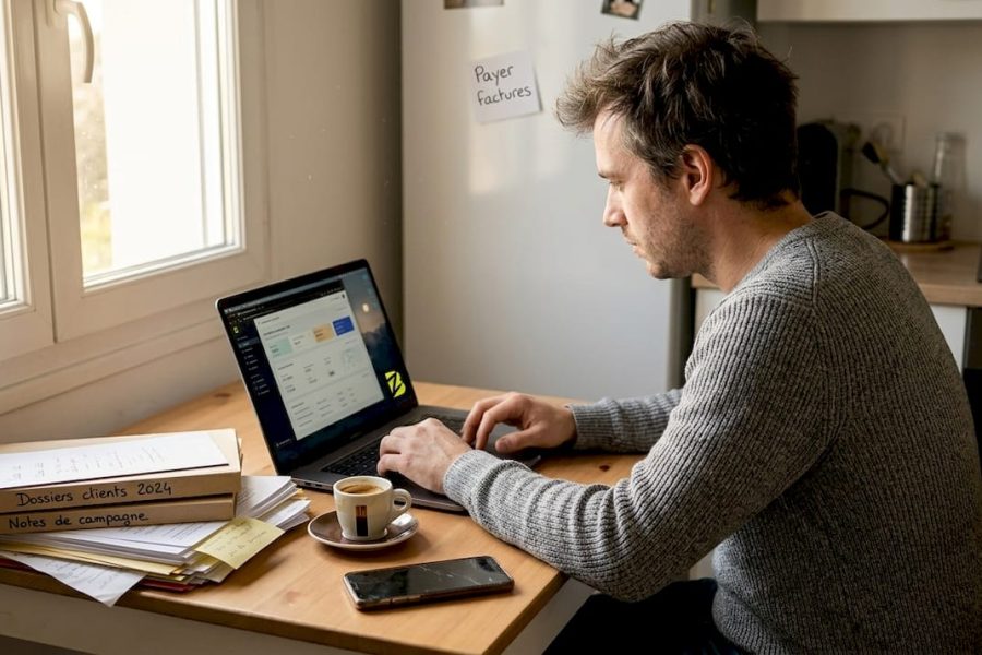 Un consultant passe en revue les performances de ses campagnes digitales depuis chez lui.