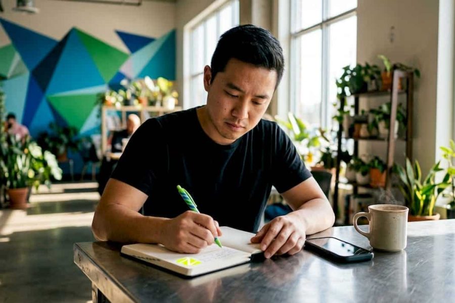 Un spécialiste du marketing installé en terrasse, carnet à la main, en train de prendre des notes tout en sirotant son café.