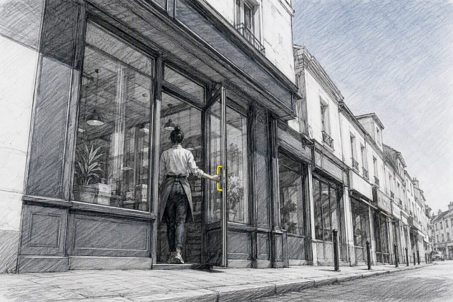 Façade d'une petite entreprise dans une rue du quartier