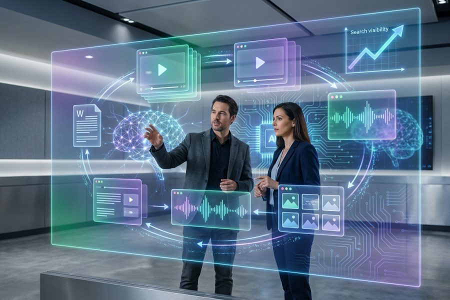 Man and woman analyze a translucent holographic display with interconnected digital content (video, text, audio, images), AI, and SEO graph.