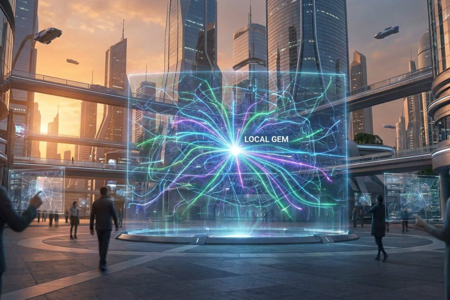 Futuristic city at dusk with a central glowing holographic map highlighting a 'LOCAL GEM' via AI lines. People use transparent interfaces.