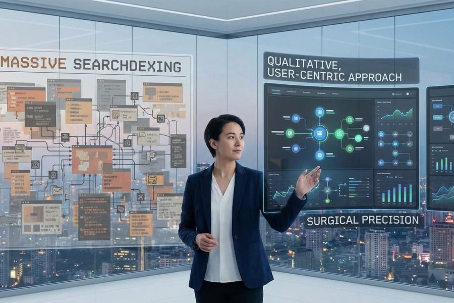 Person in modern office views digital transformation on screens: chaotic data to left, user-centric dashboards to right. City view.