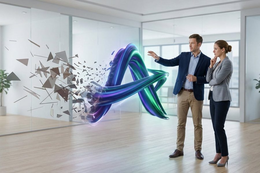 Two professionals view a holographic projection showing fragmented shapes transforming into a sleek, glowing new brand identity in a modern office.