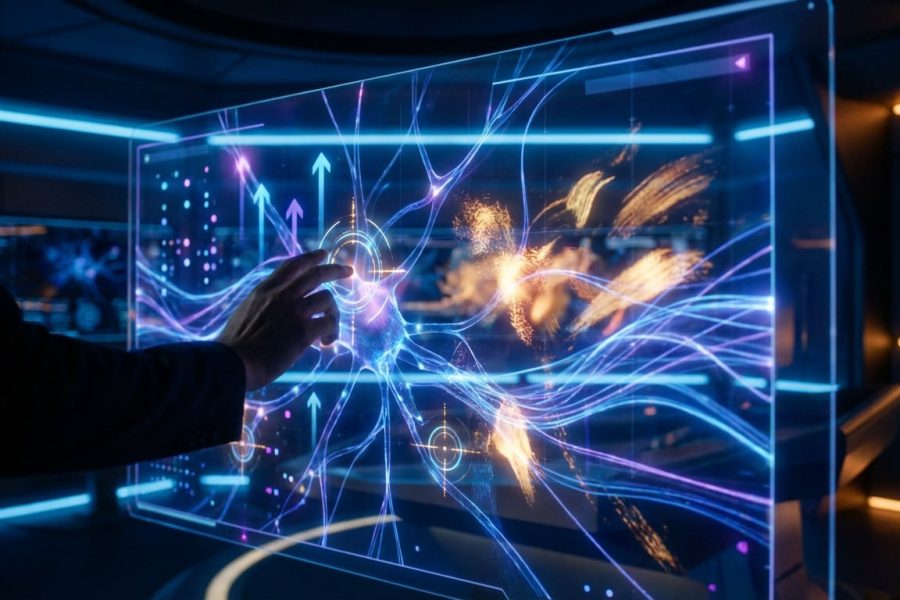 Hand interacts with futuristic holographic AI interface showing data, neural pathways, and creative splashes in blue, purple, orange.