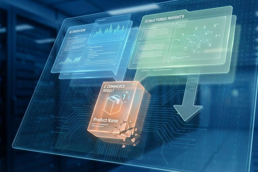 Dynamic SERP with glowing AI Overviews and Structured Insights overshadowing a cracking e-commerce product listing, indicating decline.