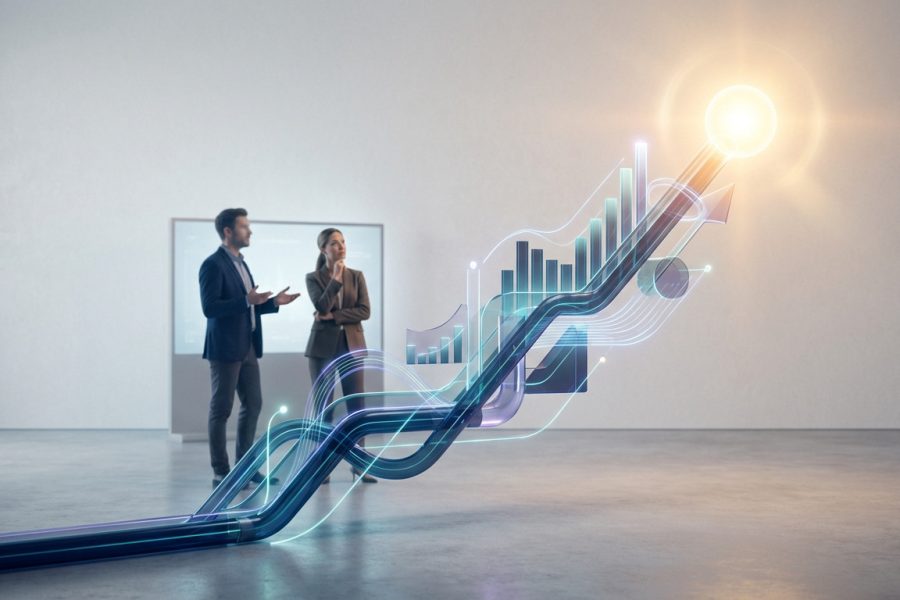 Deux professionnels devant un graphique 3D lumineux symbolisant la croissance et l'innovation, reflétant une stratégie réussie.
